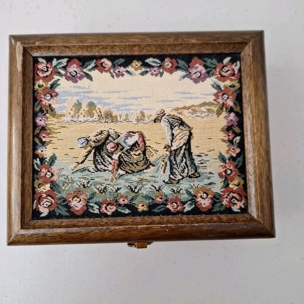 Vintage Tapestry Jewelry Box Art Floral Women Working Field Country Farmhouse